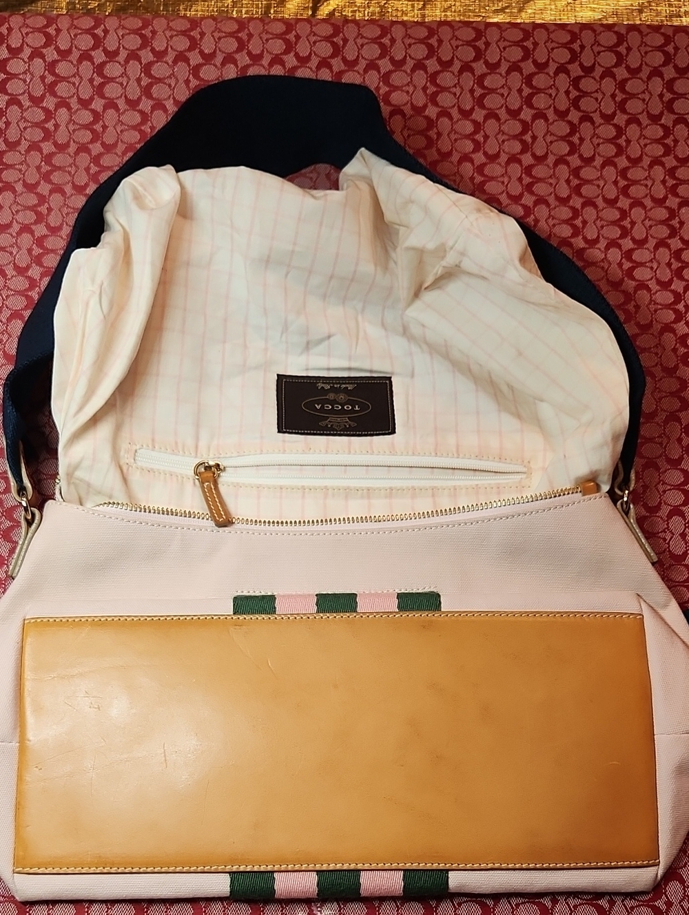 Tocca Pink Leather & Canvas Shoulder Bag with Pink Front Panel and Green Accents